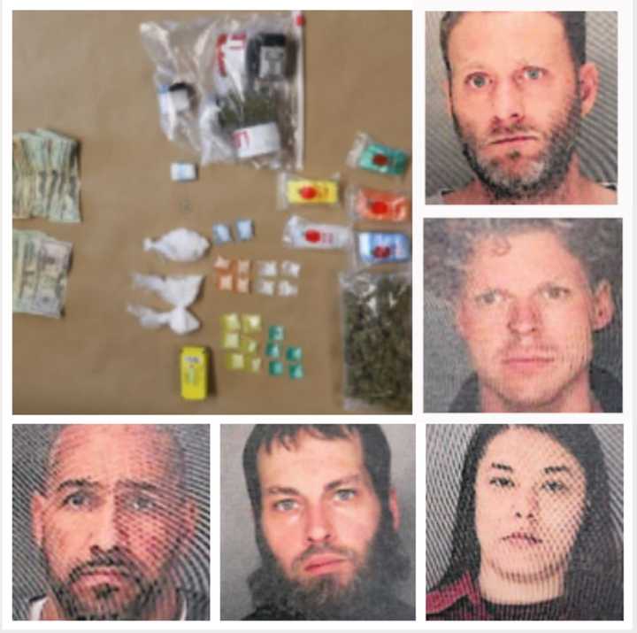 The drugs and cash seized by the police and (top right down) Shane Kenney, Kyle Gerlitzki, Tanya Nunez, Daniel Englehart, and Javier Molina-Pabon,