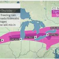 <p>Areas in pink could see a mix of snow and ice Wednesday night, Feb. 22 into Thursday morning, Feb. 23.</p>