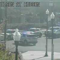 <p>There was a heavy police presence outside the Arlington bank.</p>