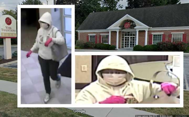 The pink gloved robber and the York Traditions bank that she robbed.