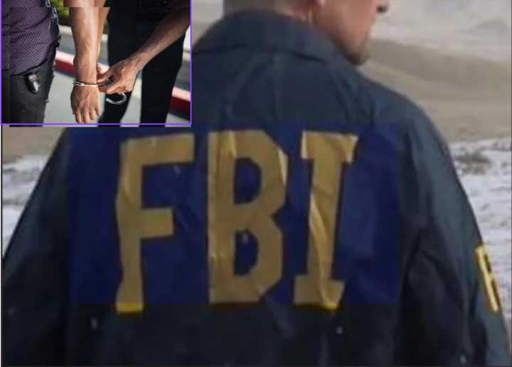 An FBI agent in a labeled jacket and an overlay of a man being handcuffed.&nbsp;