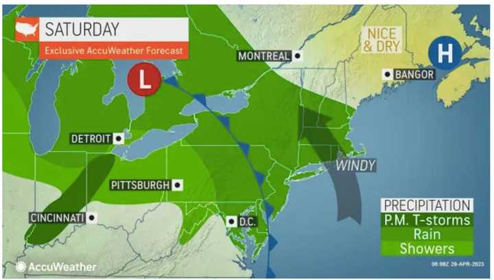 The heaviest rain from the first storm system of the weekend should wind down by around midday Saturday, April 29.