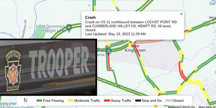 A PSP patrol vehicle and a map showing where one of the crashes happened.