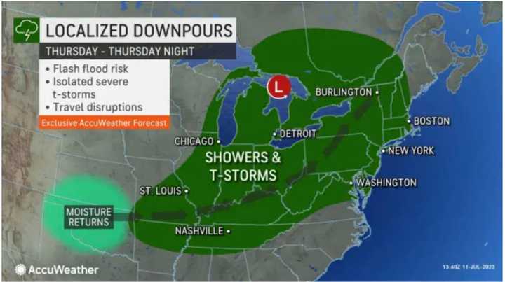 Localized downpours with a risk of flash flooding are possible on Thursday, July 13 with separate rounds of storms expected the following days.