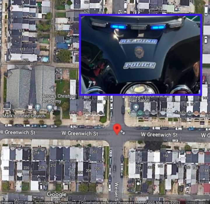 A map showing the intersection of West Greenwich and Weiser Street in Reading and a Reading PD vehicle.