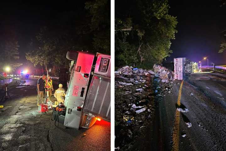 Tractor-Trailer Overturns, Injuring Driver And Scattering Debris Across Route 80