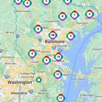 <p>The Baltimore Gas and Electric Outage Map on Saturday afternoon.</p>