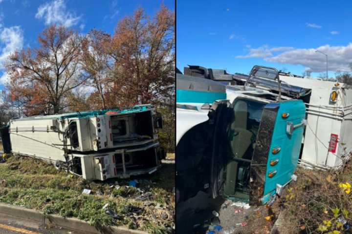 Overturned Trash Truck Temporarily Ties Up Traffic On I-495 In Maryland