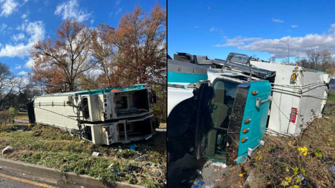 Overturned Trash Truck Temporarily Ties Up Traffic On I-495 In Maryland ...