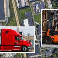 <p>A tractor-trailer, a forklift, and a map showing the area where the vehicles collided in York County.&nbsp;</p>