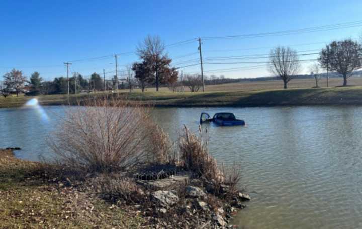 The scene of the pick-up truck crashed into a pond in Lititz.&nbsp;