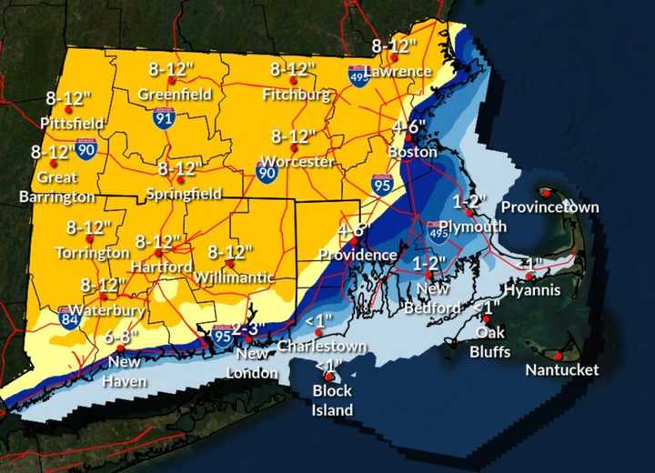 Much of Connecticut can expect between 8 to 12 inches of snow from Saturday night, Jan. 6 into Sunday, Jan. 7, the National Weather Service says, with lower amounts along the coast.