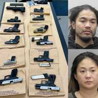 <p>Michael Bond, Ann Sue Hyun Lee, and the seized weapons.</p>