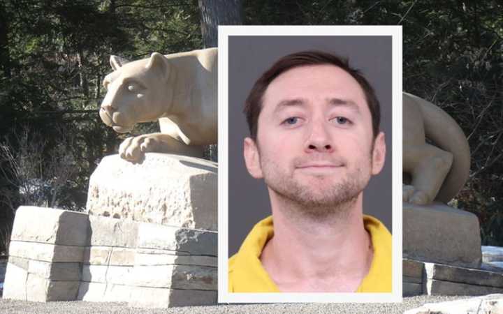 Justin Mohn's mugshot after fleeing from his home following his father's beheading, and Penn State's Nittany Lion Statue, as his lawsuit against the US government was over his student loads to attend the university.&nbsp;