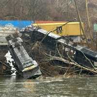 <p>The scene of the two locomotive partially in the Lehigh River following the head-on collision and derailement.&nbsp;</p>