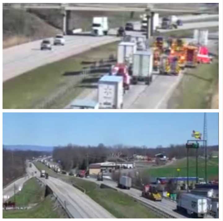 The scene of the crash and the residual delays it caused on Interstate 81 on Monday.&nbsp;