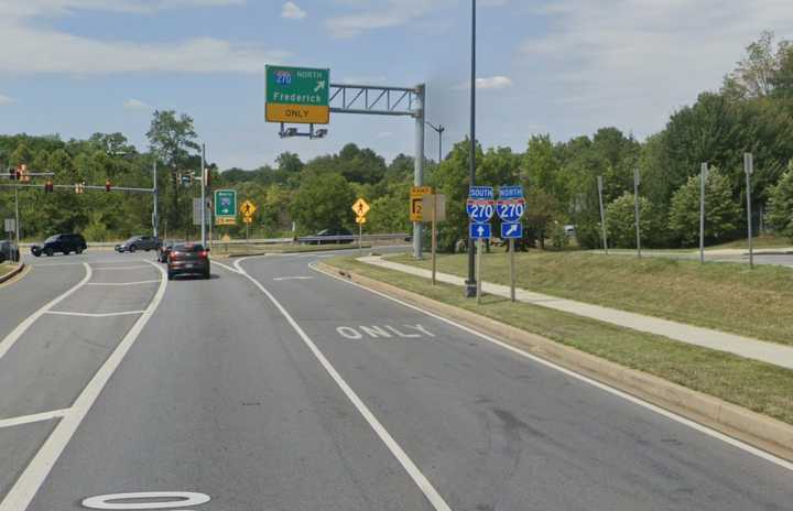 The ramp from Maryland Route 80 to the northbound lanes of I-270 in Frederick.