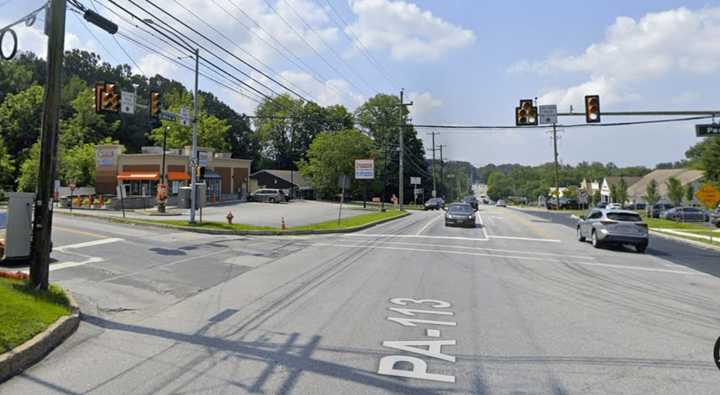 The intersection of West Uwchlan Avenue (Route 113) and Whitford Hills Road.