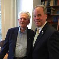 <p>Maurice Solomon, 93, of Suffern, left, was honored on the 72nd anniversary of D-Day by Rockland officials, including County Executive Ed Day.</p>