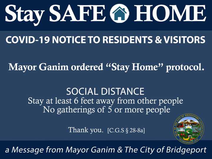 City of Bridgeport lawn signs with the &quot;Stay Safe At Home&quot; COVID-19 notice to residents and visitors were posted throughout on Wednesday, April 7.