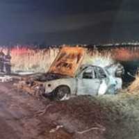 <p>All that was left of the sedan that caught fire on the New Jersey Turnpike.</p>