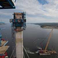 <p>One of the blue jump forms on a tower of the new Tappan Zee Bridge.</p>