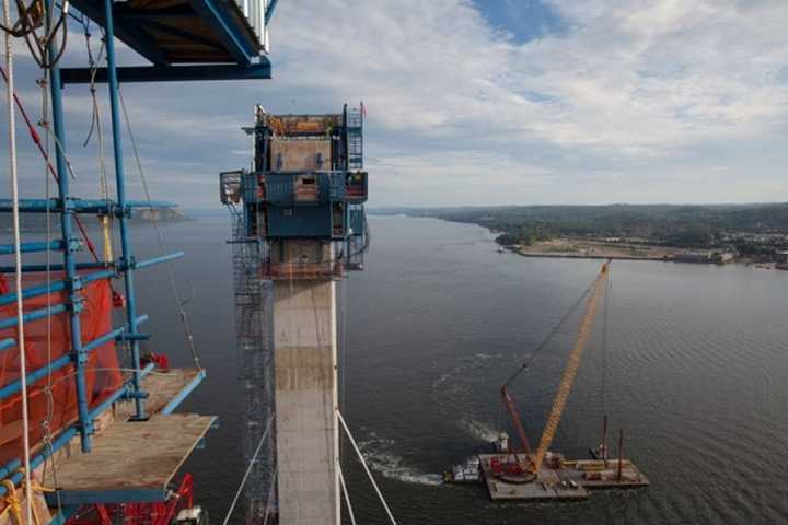 One of the blue jump forms on a tower of the new Tappan Zee Bridge.