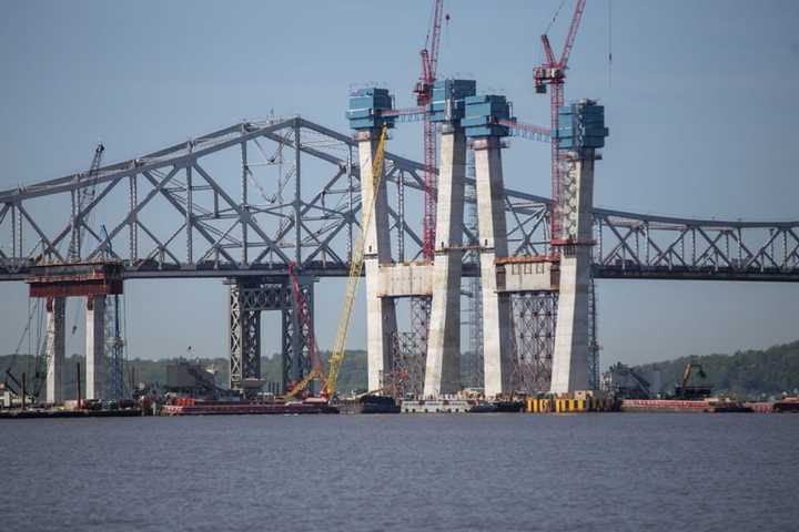 Construction crews installing some of the towers for the new Tappan Zee Bridge.