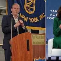 <p>Republican Rep. Lee Zeldin and Democratic Gov. Kathy Hochul.</p>