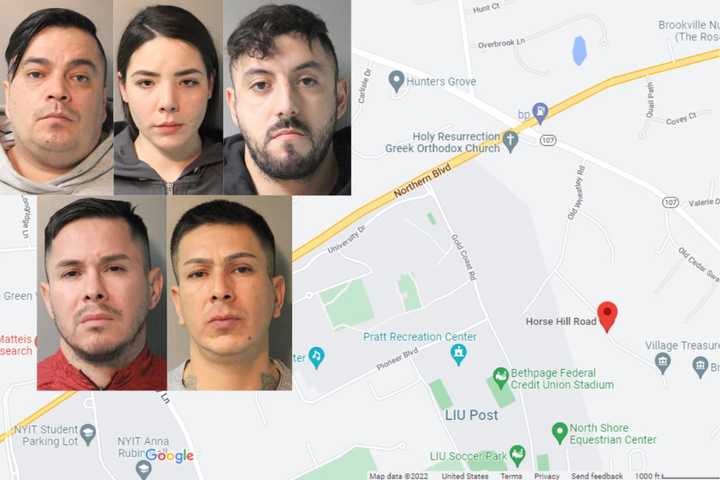 Police arrested (clockwise from top left) Francisco Maturana, Lidia Gil-Andreu, Lautaro De La O Achiardi, Felipe Hermosilla Lizama, and Rodrigo Hermosilla Lizama following a break-in at a Brookville home on Horse Hill Road (pin) Wednesday, Dec. 7.