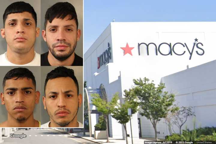 Police arrested four men for allegedly stealing $12,000 worth of items from an East Garden City Macy&#x27;s on Monday, Jan. 9. Pictured (L-R) are: Wrallan Cabezas Meza, 19, Jose Garcia Escobar, 30, Miguel Angel Rojas, 21, and Rafael Rojas, 27.