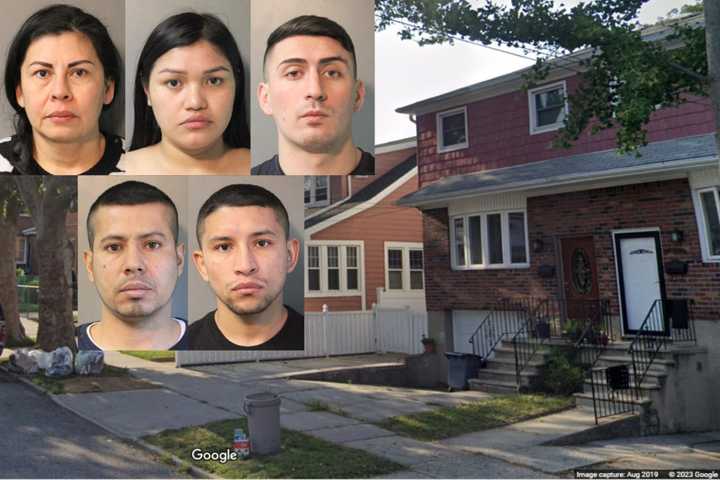 Police arrested (left to right) Ana Ortiz Zamora, Yessica Lorena Garcia Ahumada, Hotstyn Barrera-Perico, Edinson Henao-Vera, and Yefferson Camero-Alzate in connection with a string of home burglaries in Nassau County.