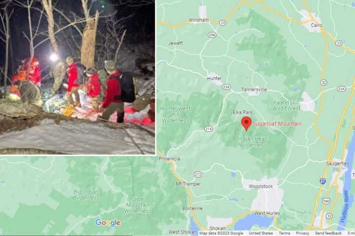 Forest rangers carried a 65-year-old hiker a mile to safety after the hiker suffered an ankle injury on Sugarloaf Mountain (indicated by the red pin) near the Town of Hunter on Saturday, Feb. 11.