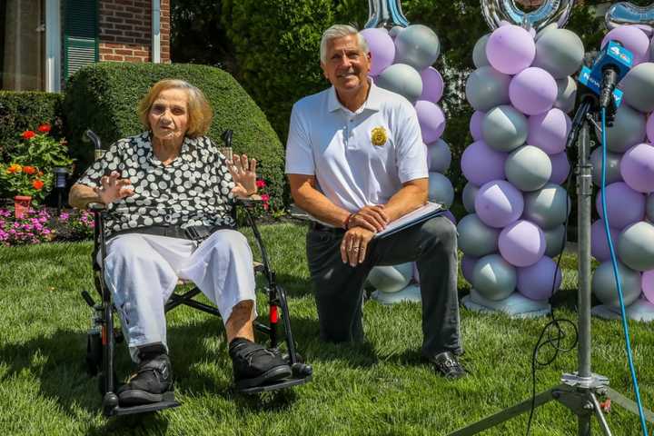 Nancy Canfarotta, pictured with Nassau County Executive Bruce Blakeman in August 2022, died Monday, Feb. 20 at the age of 105.