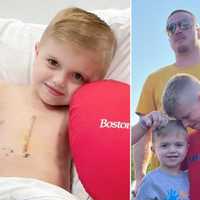 <p>Four-year-old Shane Petruzzelli at Boston Children&#x27;s Hospital and (right) with his family during a homecoming ceremony in Oceanside on Thursday, May 11.</p>