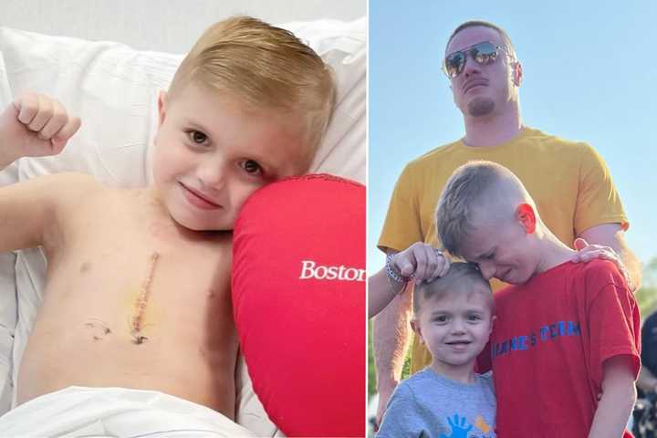 Four-year-old Shane Petruzzelli at Boston Children&#x27;s Hospital and (right) with his family during a homecoming ceremony in Oceanside on Thursday, May 11.