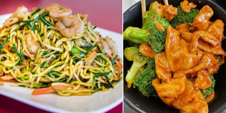 Danny’s Chinese Kitchen in Bellmore opened in January 2014. Pictured are (left) the Shrimp Zoodles and Chicken Broccoli.