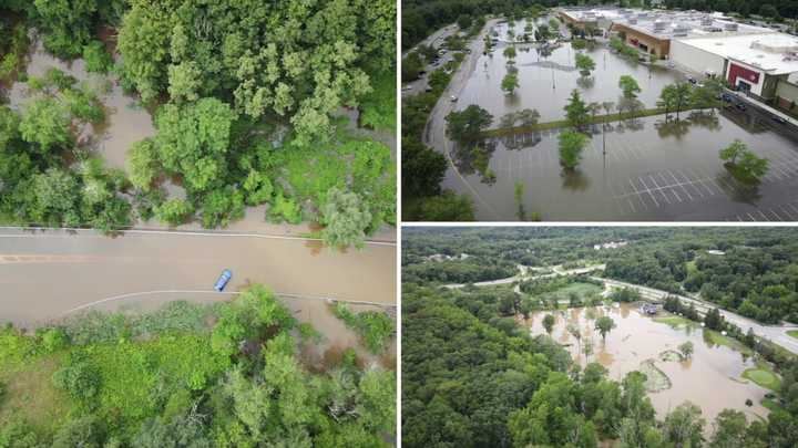 Much of Yorktown, including part of Route 202 (left), the Jefferson Valley Mall (top right), and The Links at Valley Fields Golf Course (bottom right) was underwater as a result of a powerful storm dropping more than six inches of rain.