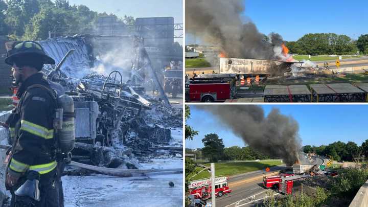 A tractor-trailer fire on Interstate 287 Eastbound in Port Chester caused a plume of smoke to rise in the air and left the vehicle destroyed.