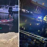 <p>The Port Chester Fire Department searches the Byram River for a car that landed in the water.</p>