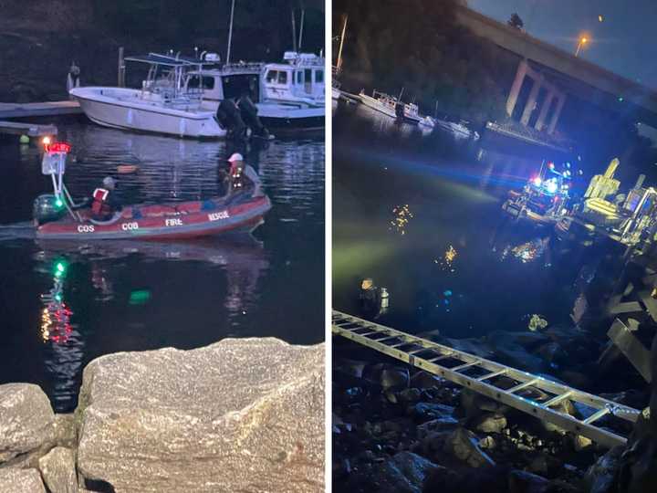 The Port Chester Fire Department searches the Byram River for a car that landed in the water.