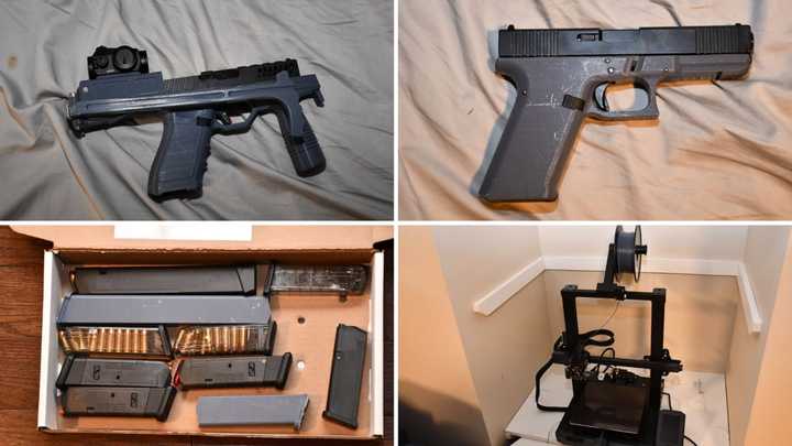 Authorities released images of some of the weapons and ammo clips that Zito had been in possession of. They also released an image of the 3D printer used to manufacture them (bottom right).