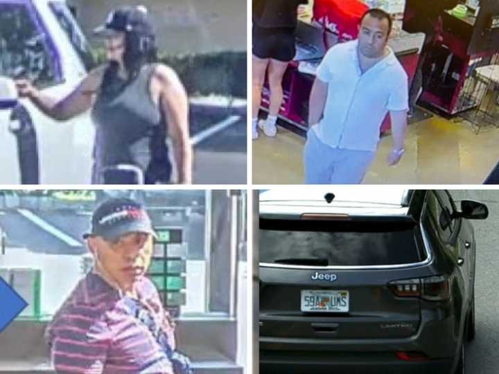 Two suspects (top and bottom left) were allegedly involved in the Jefferson Valley bank theft and have been apprehended, while the man in the white shirt (top right) was involved in the Yorktown Heights supermarket theft and drove the pictured Jeep.