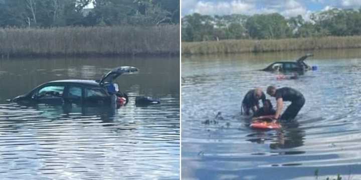 A 53-year-old woman was rescued after driving her car into the water near Hampton Avenue and Riviera Drive in Mastic on Tuesday, Sept. 12.