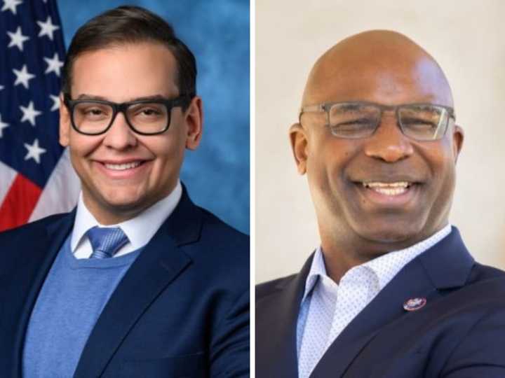 Embattled NY Rep. George Santos (left) is calling for the removal of his colleague, NY Rep. Jamaal Bowman (right) for pulling a fire alarm in a congressional building.&nbsp;