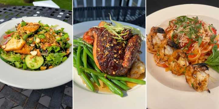 From left to right: Mediterranean Panzanella Salad, Hot Honey Chicken, and Pasta Pomodoro with Shrimp.
  
