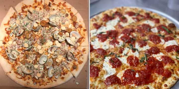 The New England Clam Chowder pizza (left) and the&nbsp;Margarita Pie at&nbsp;L’uccello Pizza &amp; Italian Fare in Greenlawn.