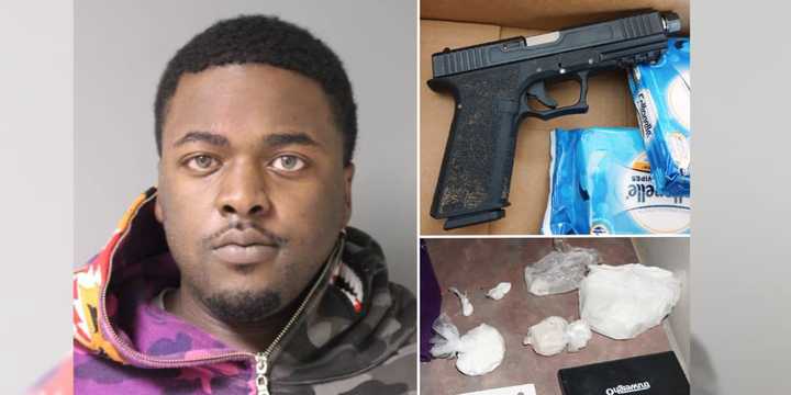 Randheer Shewprashad, age 25, pictured with a gun and drugs that police recovered from his homes in November 2023.&nbsp;