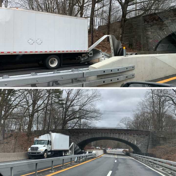 A truck was damaged after striking the Bedford Road overpass in Pleasantville on the Saw Mill River Parkway.