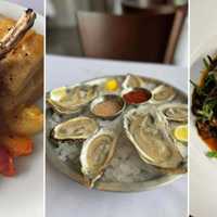 <p>From left: Honey mustard marinated tomahawk pork chop, oyster plate, and grilled swordfish.</p>